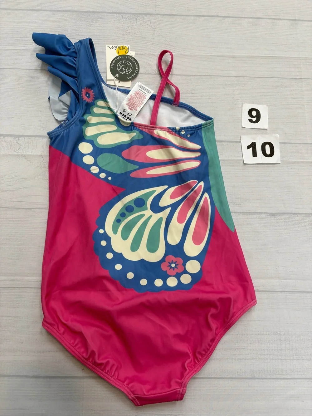 Mini Boden One-Shoulder Pink and Blue Butterfly Swimsuit